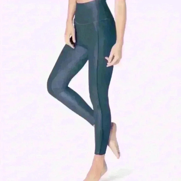 Beyond Yoga Smoky Blue Cropped Leggings With Faux Leather Effect Size Small EUC! - Picture 2 of 9